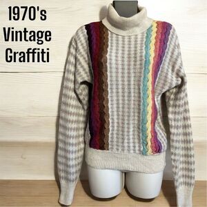Vintage 70s Graffiti Luigi Gordoni Colorful Knit Striped Turtleneck Sweater